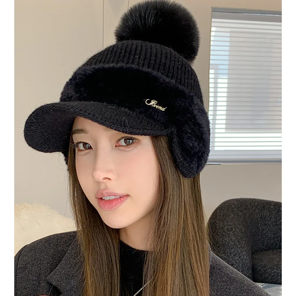 Nuovo berretto da baseball invernale in pelliccia di visone con protezione per le orecchie in pelliccia di coniglio per le donne, moda coreana, tinta unita, semplice cappello lavorato a maglia con palline di lana_voghion.com