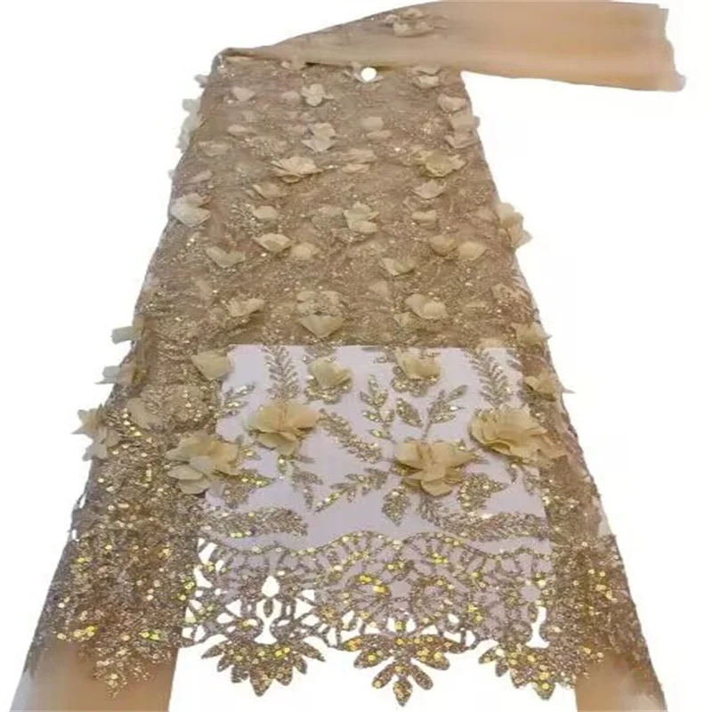 

High Quality African Lace Fabric French Net Sequins Fabric 3D flower Sewing Embroidered Lace Tulle Nigerian Lace Fabric 5 Yards