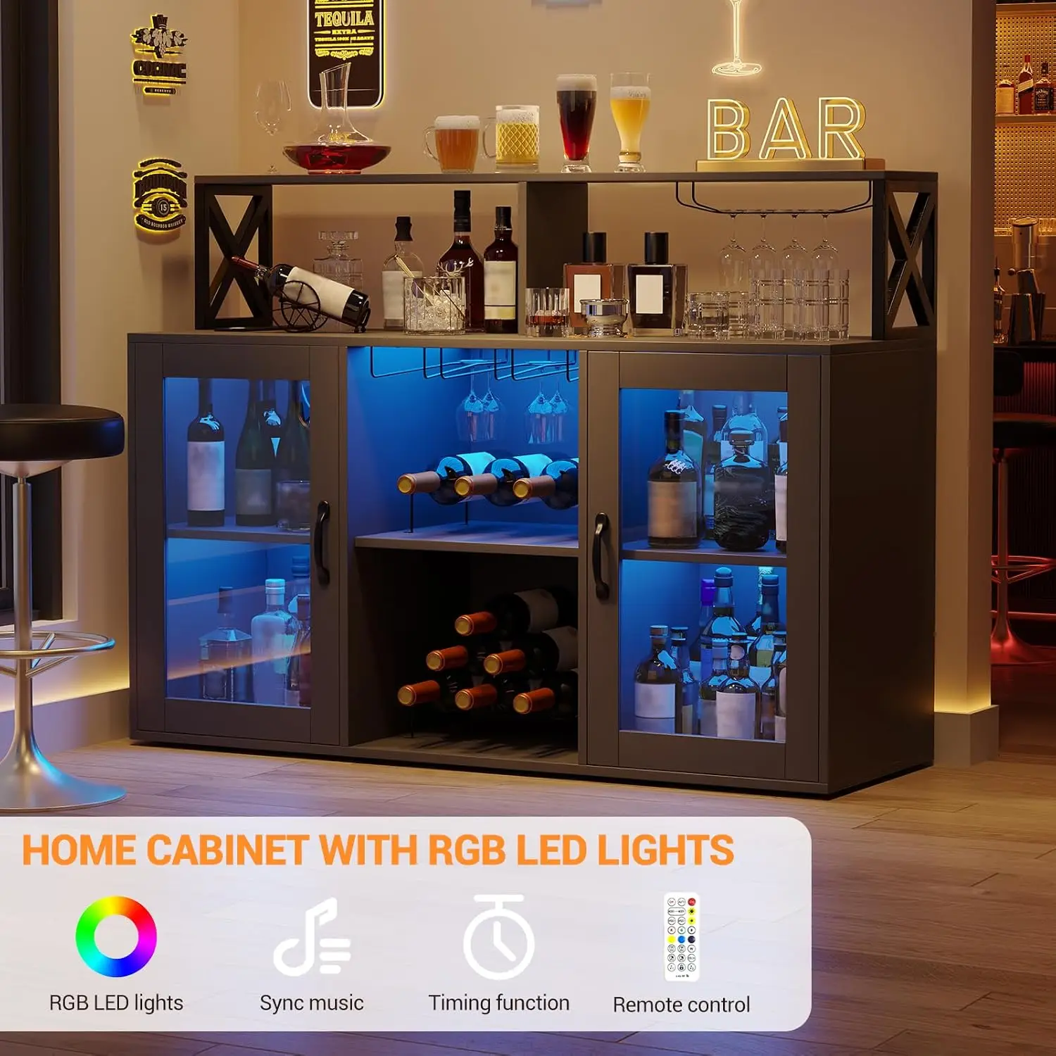 Bar Cabinet with Storage Shelves, Kitchen Sideboard Buffet Cabinet with LED Lights,Liquor Wine Rack & Goblet Holder