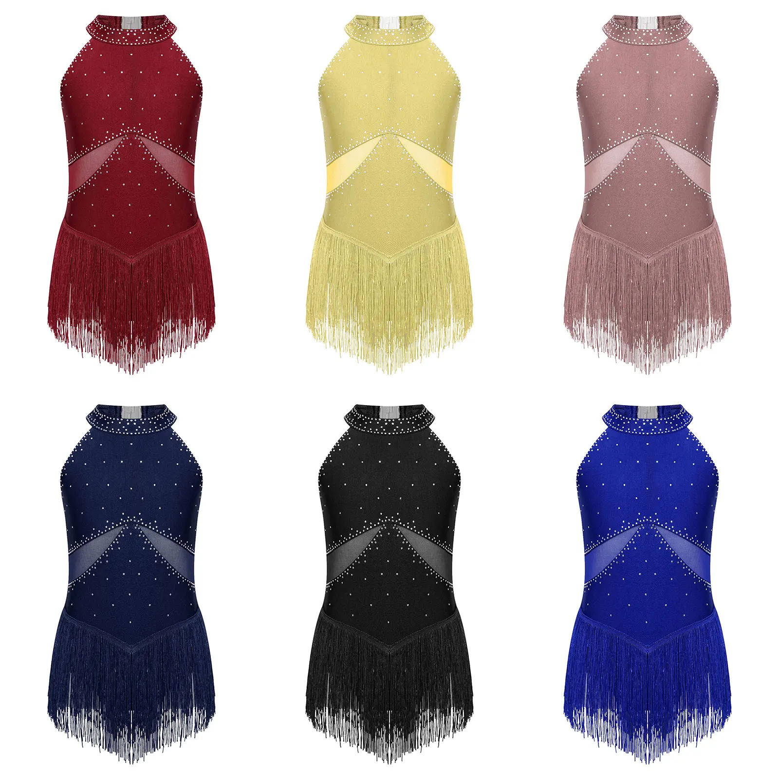 Kids Girls Figure Skating Leotard Dress Sleeveless Tassel Rhinestone Bodysuit Latin Dance Tango Cha-Cha Samba Ballroom Dancewear