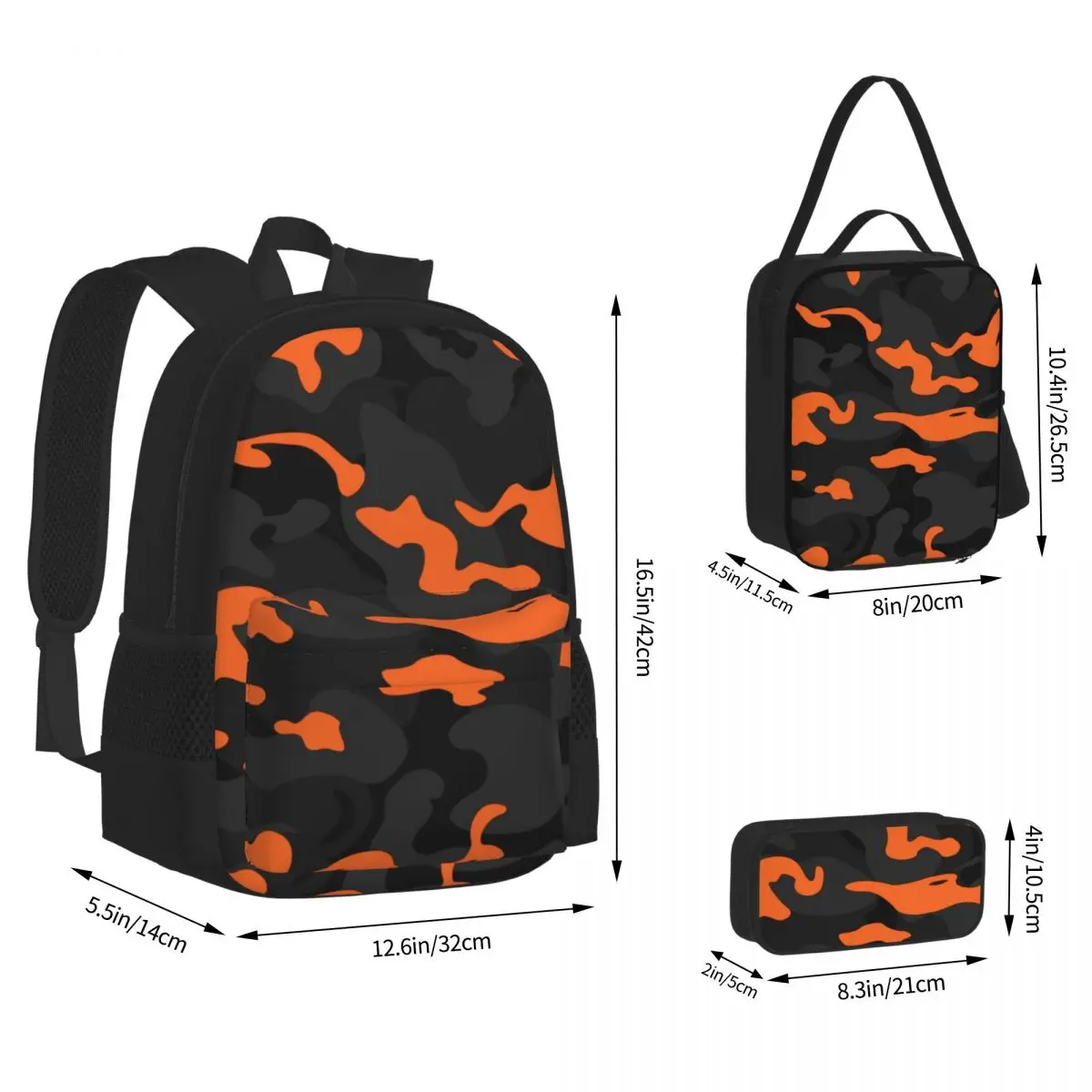

Camo Style - Black Orange Camouflage Backpack Bookbag Student School Bag Cartoon Kids Rucksack Lunch Bag Pen Bag Three-Piece Set