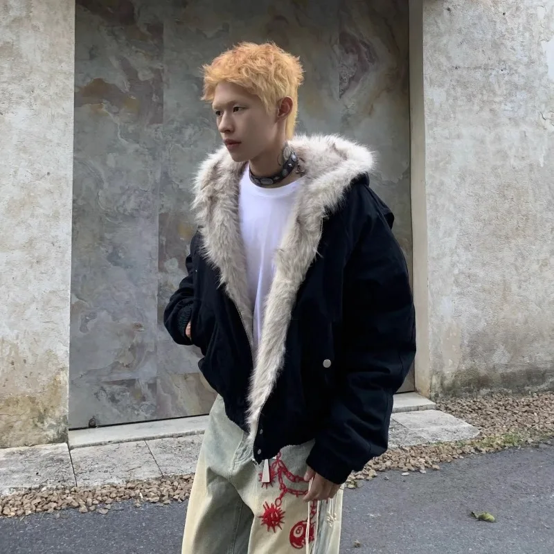 American Fashion Solid Color Fur Collar Cotton Hooded Jacket Men Autumn Winter Street Loose Velvet Thickened Casual Jacket 2