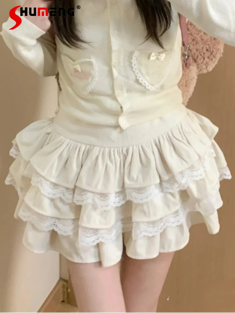 Japanese Style Cute Woman Cake Skirt 2023 Autumn Winter Sweet High Waist A- Line Lace Short Stitching Puffy White Skirts Ladies headband newborn baby girl hats for kids winter solid with little cherry cute infant turban to keep warm baby accessories items