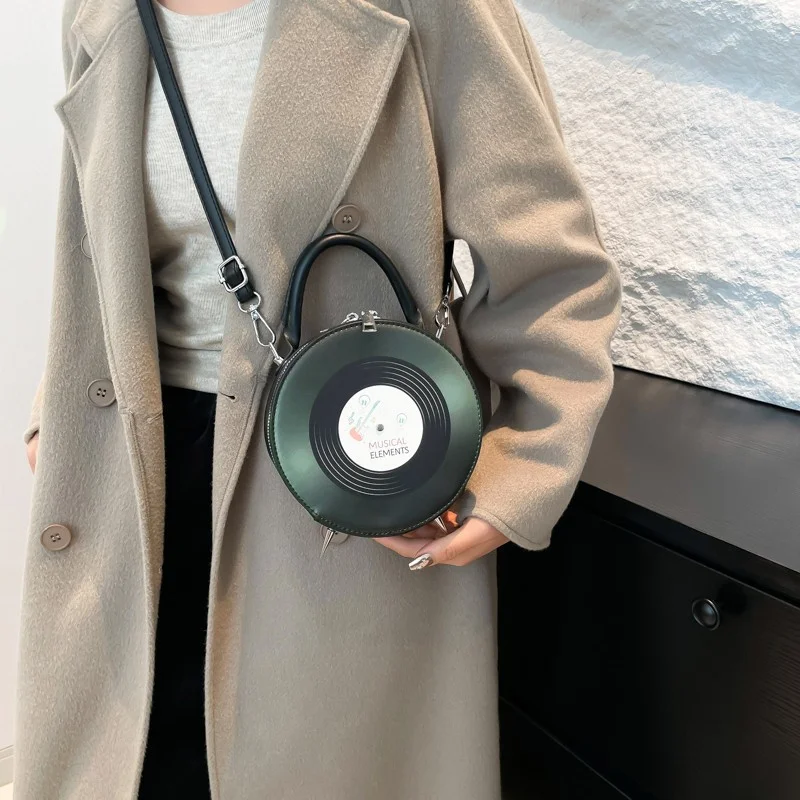 Personalized Creative Small Round Bag New Fashion Women's Niche Retro Record Shape Handbag Ladies PU Crossbody Bag
