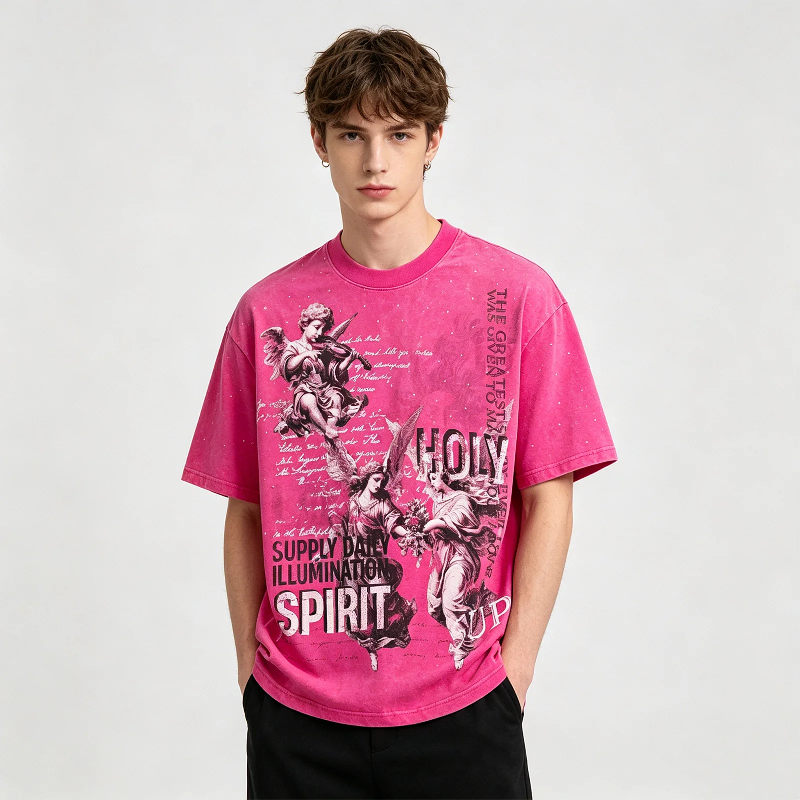 Sommerliches Vintage-T-Shirt für Herren mit roter Waschung und Grafik: Himmel, Wolken, Engel, Cherub, Strass – Lässiges Baumwoll-T-Shirt mit entspannter Passform