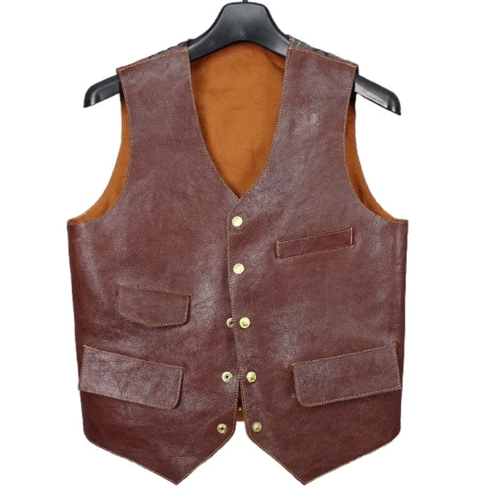 

Summer Spring Mens Vest Coat Cow Leather Mans Waistcoat Muti Pocket Casual Tank TopWear Weskits Cowhide Overvest European Brand