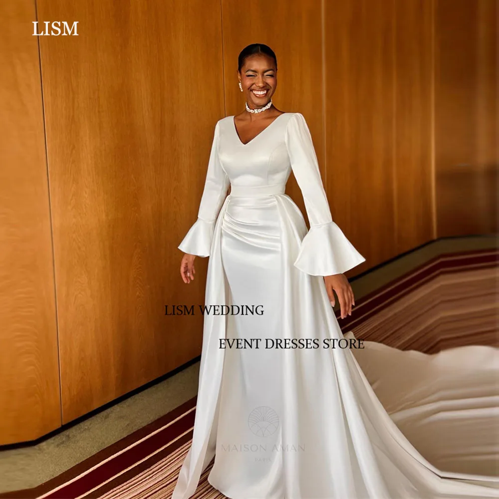 

Шелковое платье LISM в африканском стиле, мягкое атласное свадебное платье с длинными расклешенными рукавами, V-образным вырезом, длиной в Пол, свадебное платье со шлейфом для часовни