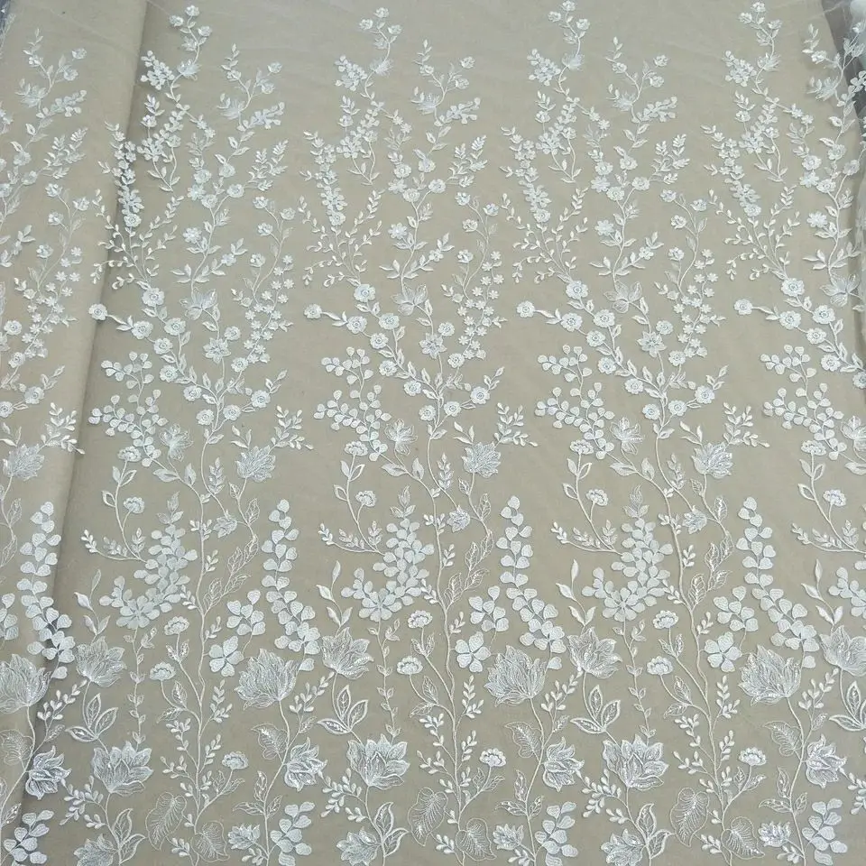Elegant Fashion Bridal Dress Sequins Jacquard Lace Fabric Cotton Voile Lace Fabric Brocade Lace Fabric 130cm Width Wedding Dress Fabric Sequins Lace Selling by Yard