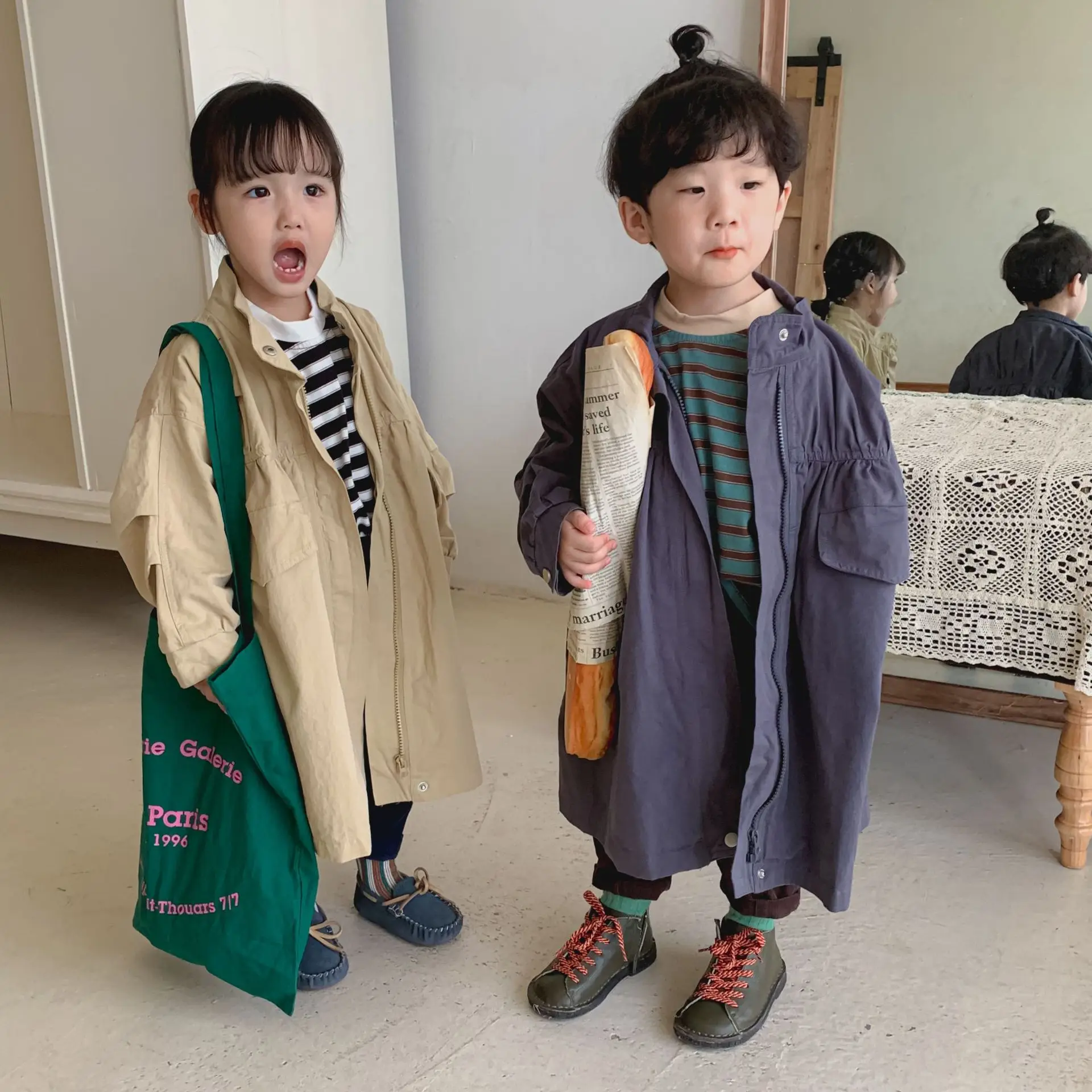 Kids jacket 3105C Children's Coat Long Boys' Jakcets Autumn Solid Color Girls' Windbreaker Coat 1-7Year Kid's Outerwear