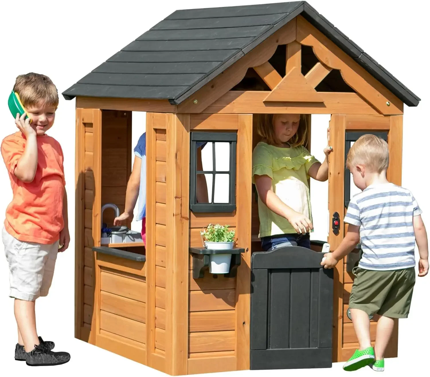 Backyard Discovery Sweetwater All Cedar Wooden Playhouse Light Brown Side Snack Window, Perfect Serving Up Drinks and Treats