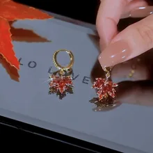  Korean Fashion Red Zircon Maple Leaf Gold Colour Hoop Earrings for Women New Personality Earring Wedding Jewelry Birthday Gifts 