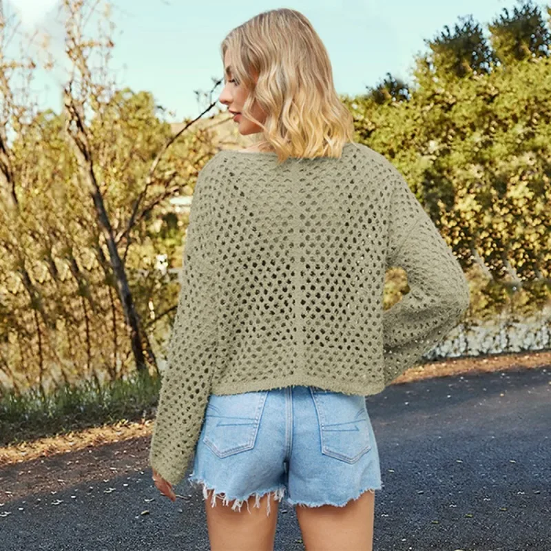 2024 Summer New European and American Women's Horn Sleeves Loose Round Neck Hollow Women's Knitwear SFC4-3