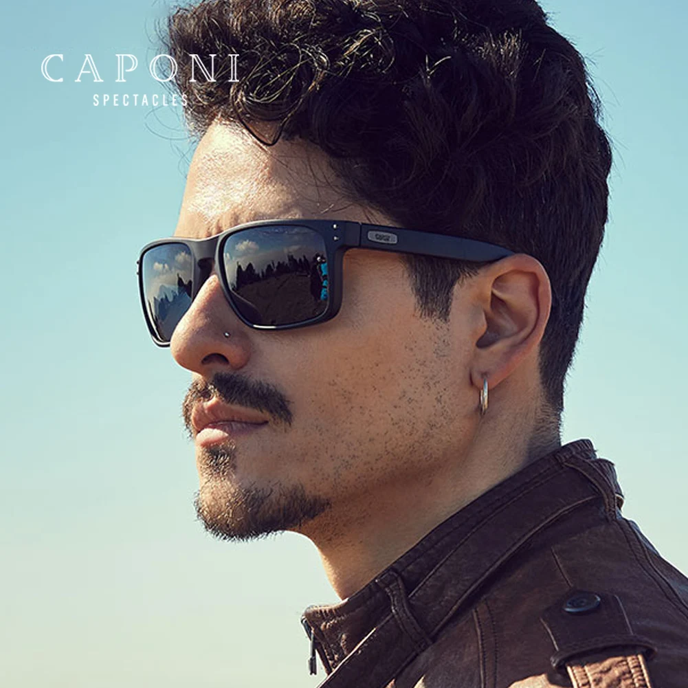 Polarized Sunglasses CAPONI Men Vintage Brand Designer Driving Sun Glasses Photochromic Square TR Frame Black Shades BS9417