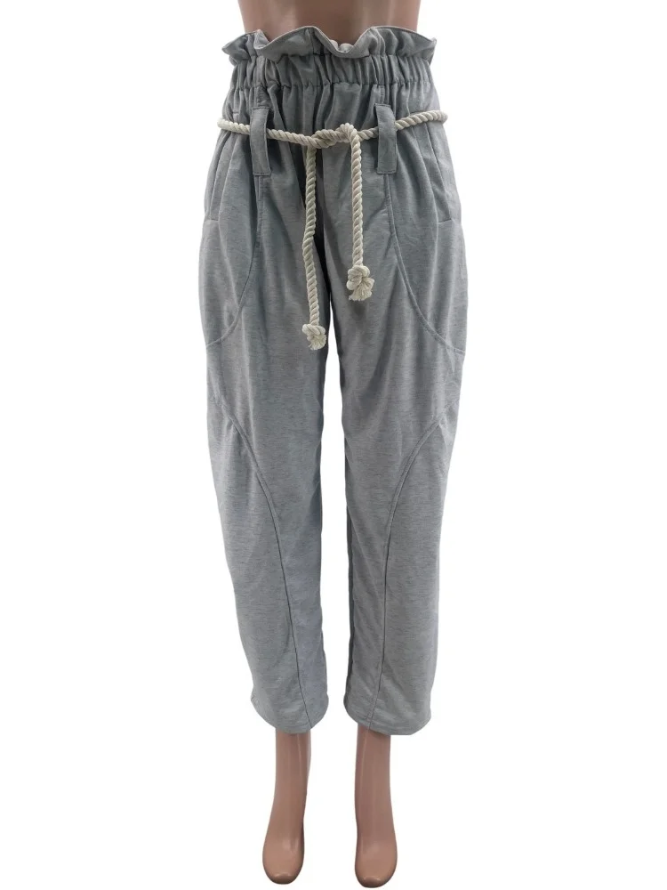Wmstar Pants Women Fashion Casual Pants Solid Color Hemp Rope Belt and Loose Trousers Sport Pants New Style Summer