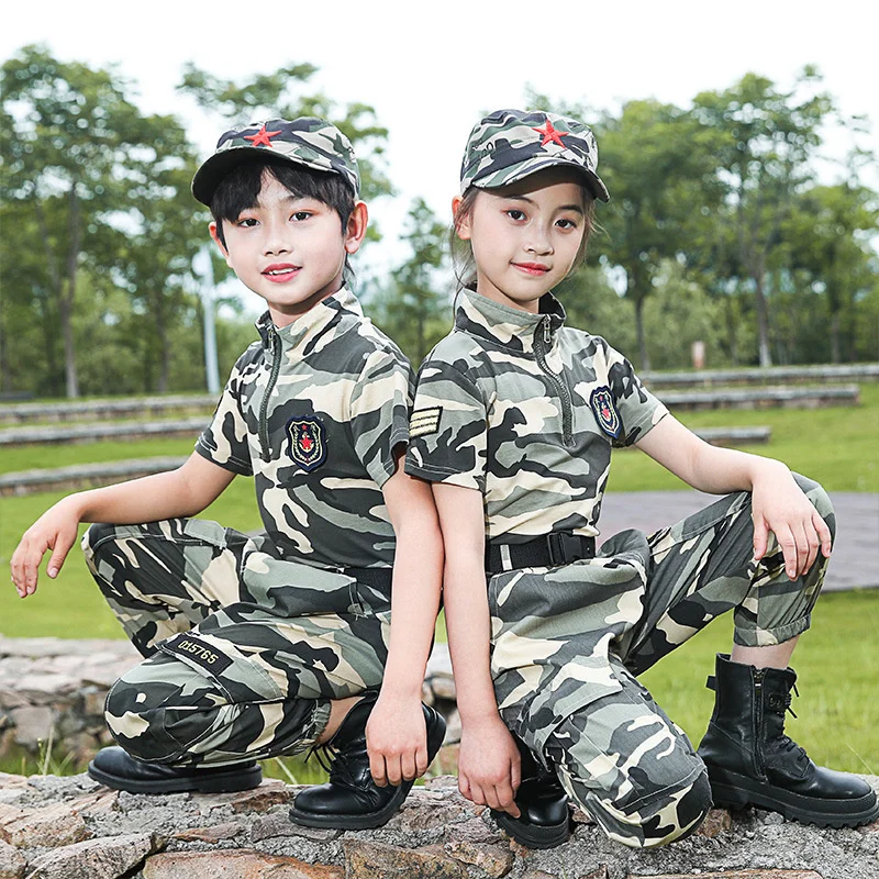 Children's set, primary school students' short sleeved military training clothing, police and soldiers' round performance