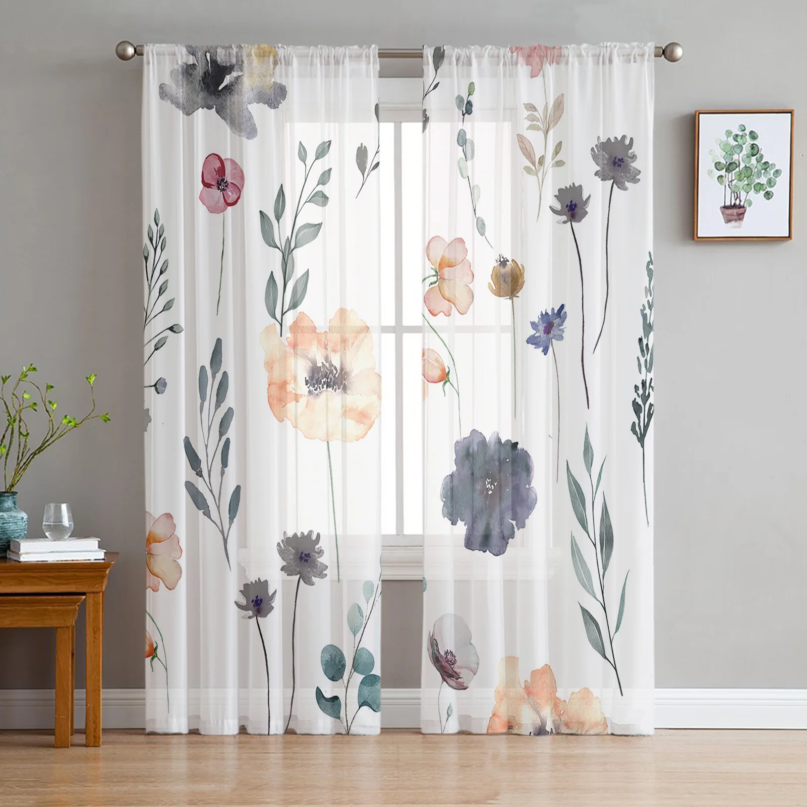 

Watercolor Flower Plant Leaves Tulle Voile Curtains for Bedroom Living Room Window Curtain Sheer Curtains Organza Drapes