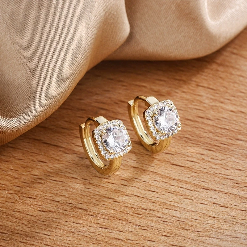 Luxury Crystal Round Stone Square Metal Hoop Earrings For Women Vintage Gold Color Ear Buckle Wedding Jewelry Valentine Day Gift