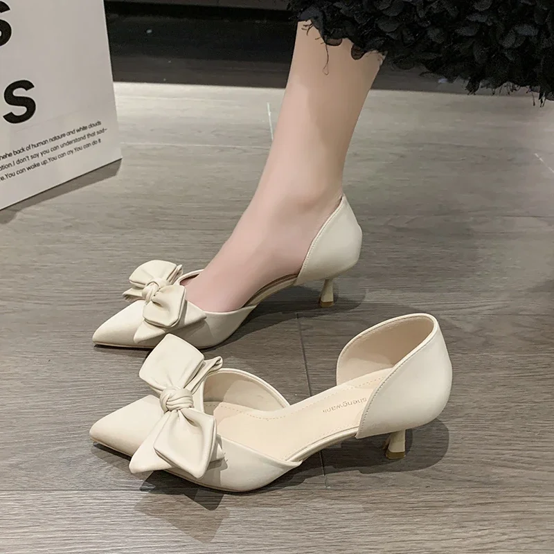 Elegant Silk Bow Thin Heel Pumps Shoes for Women 2023 Two-Piece Green Party Shoes Woman Summer Slip-On Med Heels Pumps Shoes