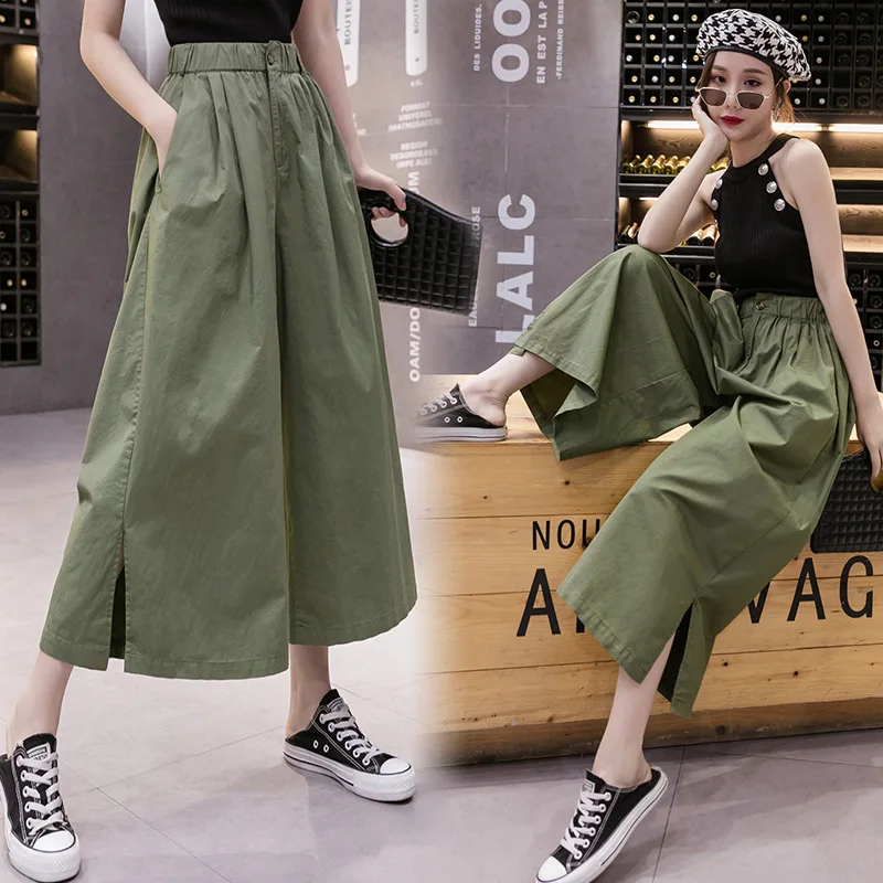 Women Summer Side Slit Cropped Wide-Leg Pants Korean Style Casual Loose Cargo Pants Black Khaki Blue Green Trousers