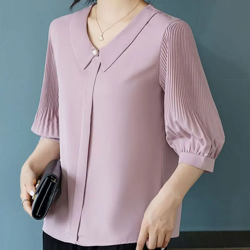 Office Lady Half Sleeve Shirt Stylish Folds Summer Solid Color Turn-down Collar Korean Female Clothing All-match Loose Blouse