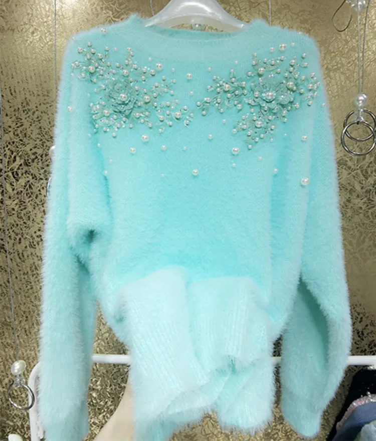 

Heavy Industry Rhinestone Shiny Flower Knitted Sweater Women Thick Warm Pullovers Autumn Winter