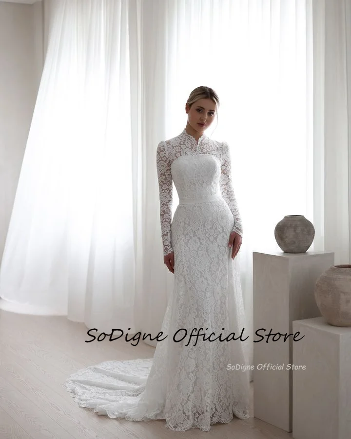 SoDigne Mermaid Lace Boho Wedding Dresses Full Sleeves Halter Bridal Dress Elegant Long Wedding Gown Custom Made 2
