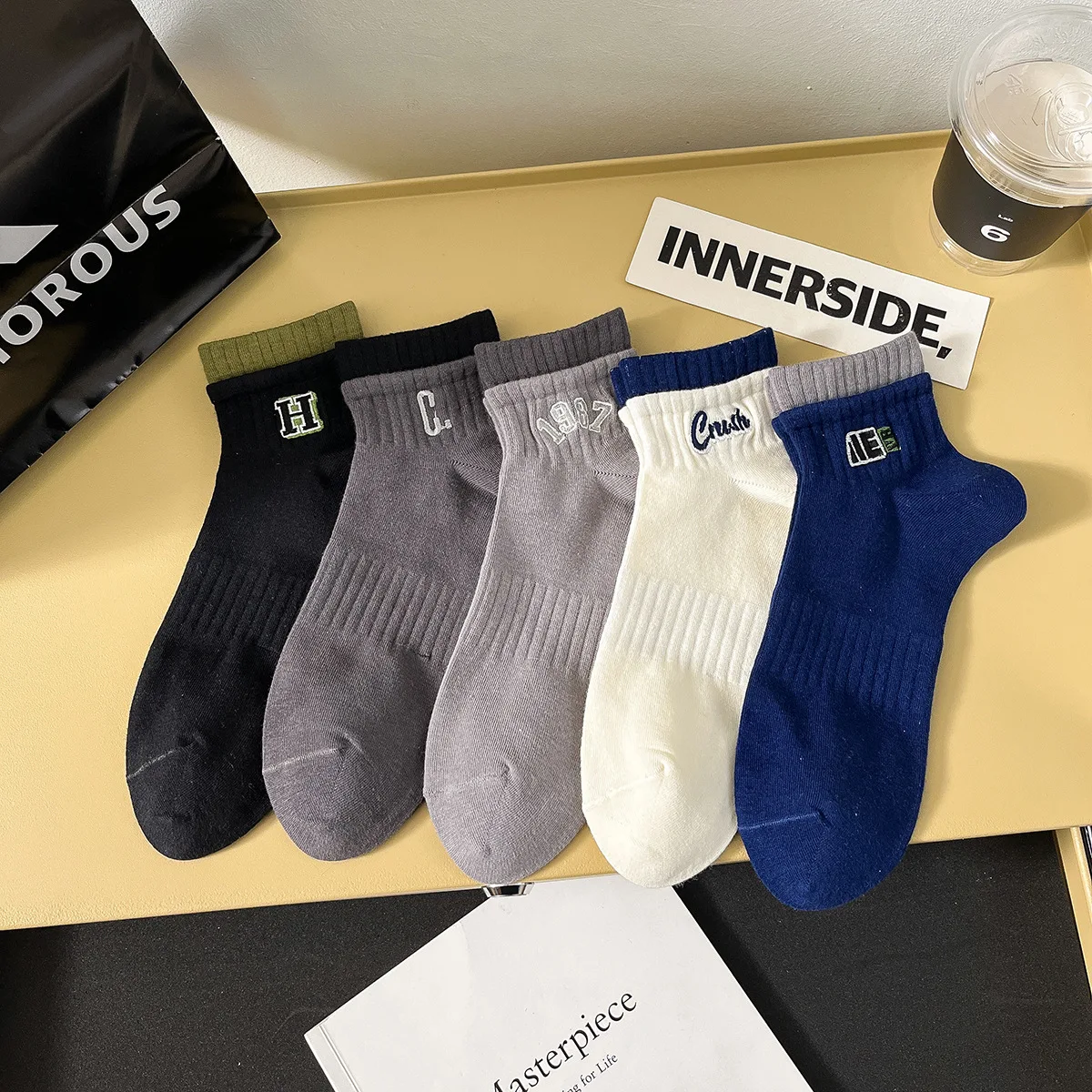 

Men'S Socks Summer Short Socks Color Match Letters Design Middle Barrel Socks Sports Leisure Cotton Socks Soft Skin-Friendly