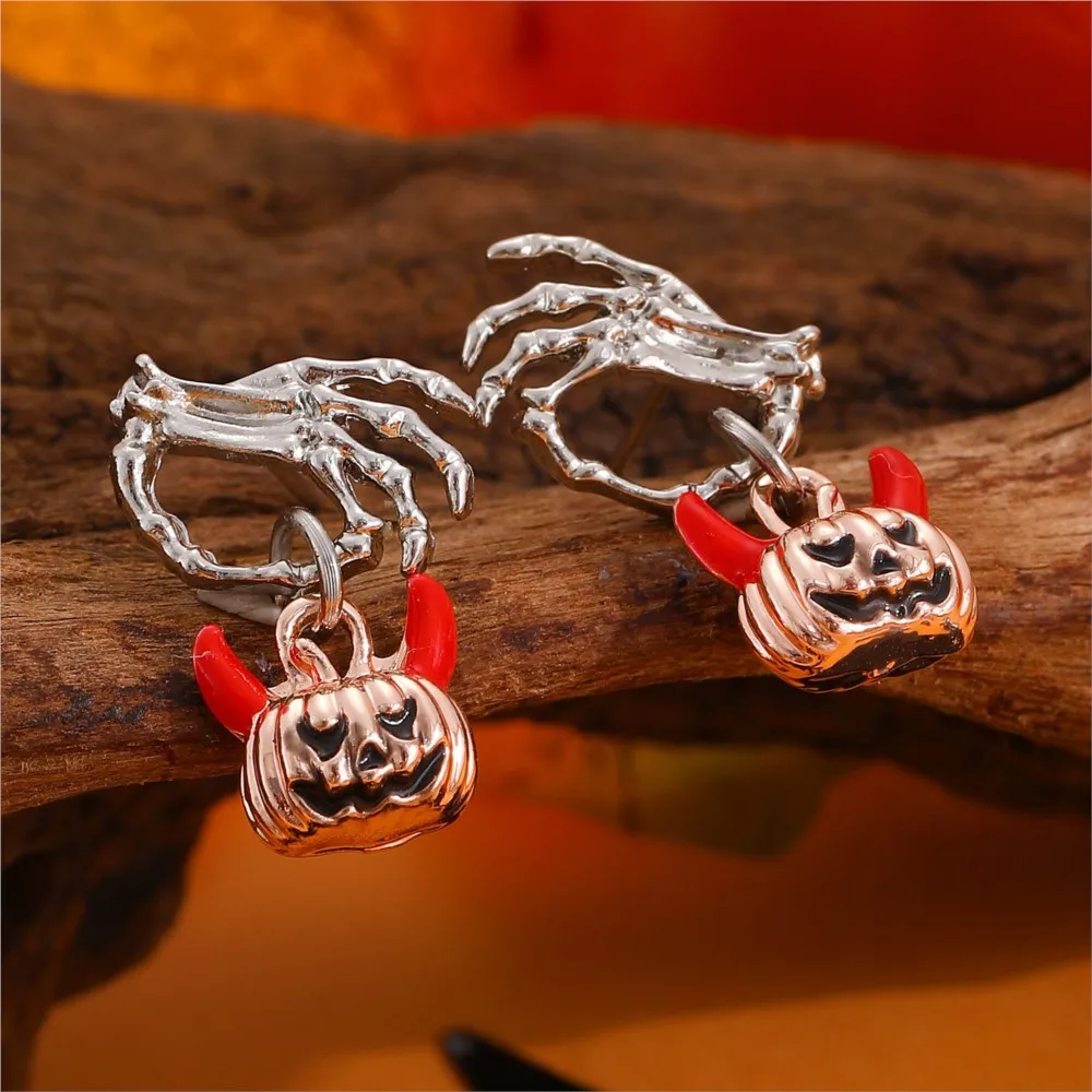 Simple Fashion Halloween Ghost Hand With Pumpkin Head Shape Stud Earrings for Women Creative Halloween Festival Celebration