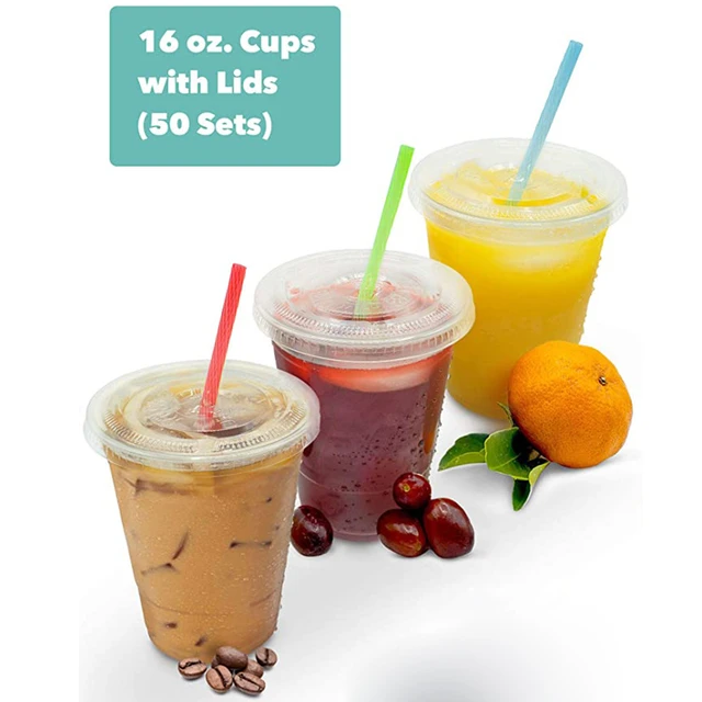100 Sets - 16 oz.] Plastic Cups With Dome Lids, Clear Plastic Cups