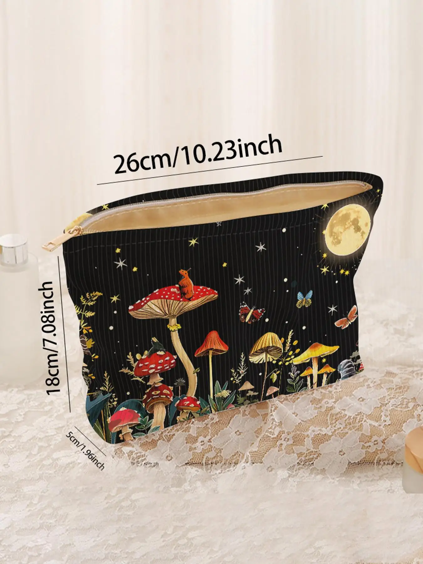 1pc，Mushroom Forest Pattern Corduroy Zipper Makeup Bag, Lightweight Multi functional Makeup Storage Bag