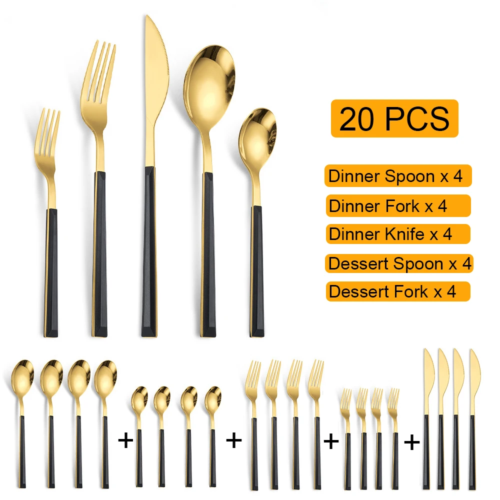 

20pcs Golden Tableware Set Imitation Wooden Handle Cutlery Stainless Steel Flatware Fork Knife Spoon Dinnerware Silverware