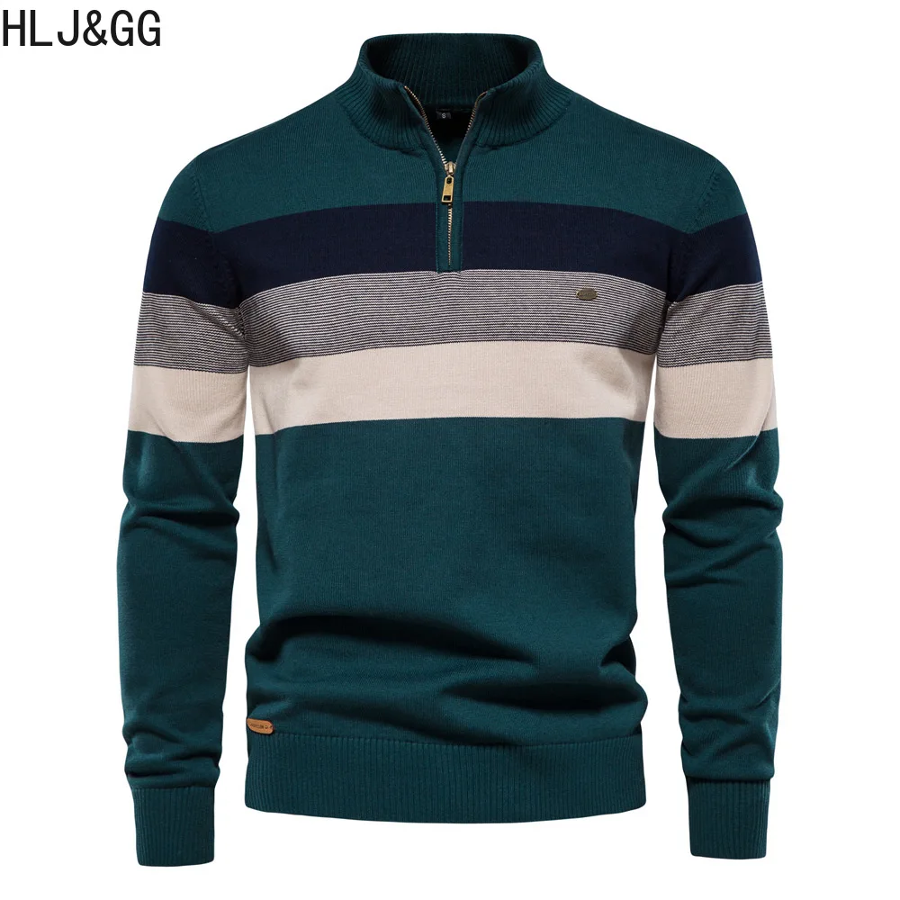 HLJ&GG Fashion Men's Patchwork Pullover Sweater Casual Mans Zipper Mock Neck Sweater Autumn Winter Warm Sweaters for Male New