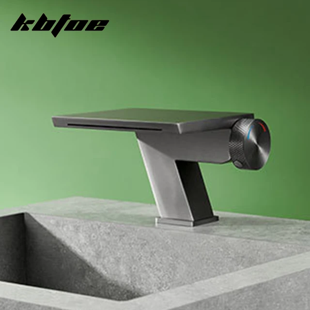 ก๊อกน้ำแบบติดตั้งบนเคาน์เตอร์ สีเทาปืน/สีทองขัดเงา สำหรับอ่างล้างหน้าในห้องน้ำ แบบน้ำร้อนน้ำเย็น พร้อมปุ่มควบคุม  สำหรับอ่างล้างหน้าในห้องน้ำ  แบบติดตั้งบนเคาน์เตอร์  สไตล์โมเดิร์น 3