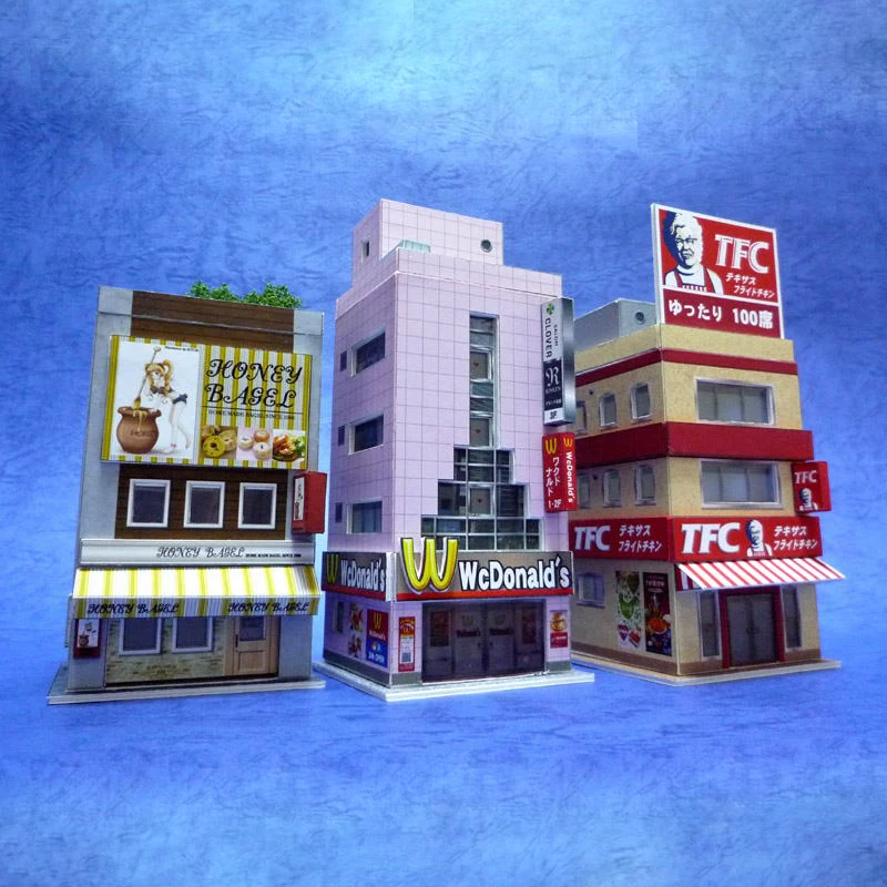 1:150 N-Scale Japanese Building Diorama 3D Paper Model Scene DIY Handmade Ornaments 3 restaurant buildings