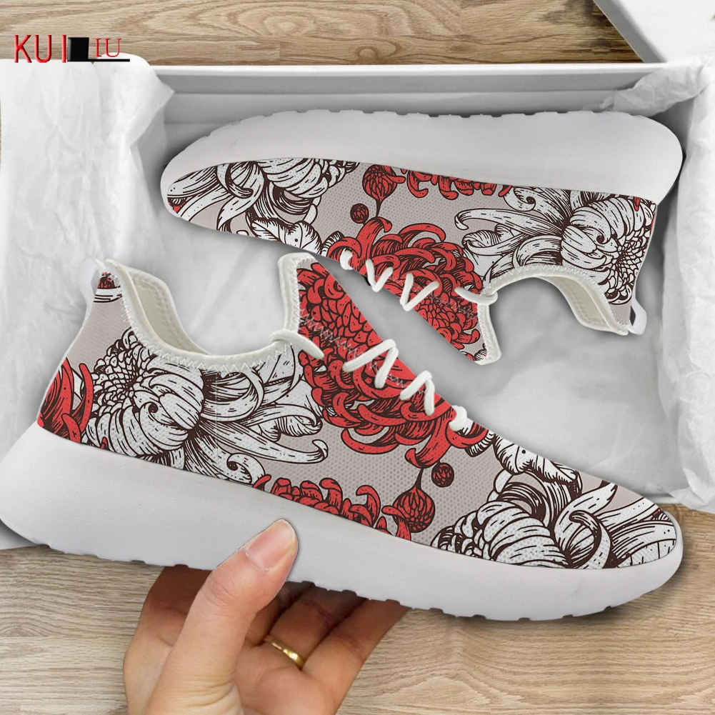 

KUILIU Spring/Autumn Women's Shoes Comfort Lace-Up Mesh Casual Sneakers Flowers Print For Girls Walking Footwear Dropshipping