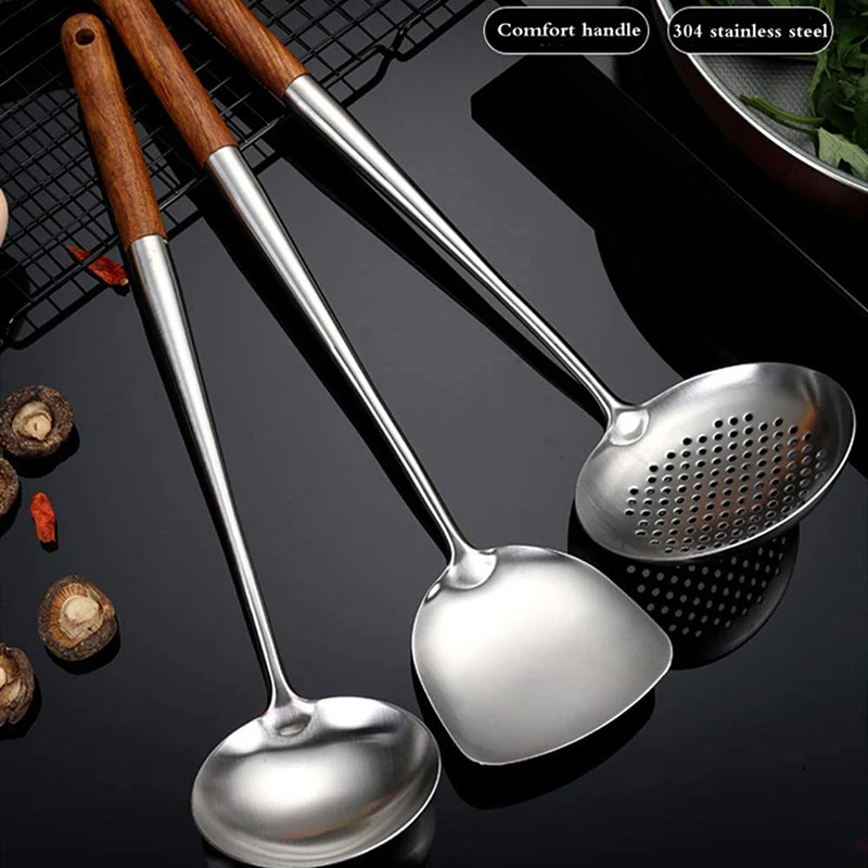 Set Di Utensili Da Wok In Acciaio Inox 304 Con Manico In Legno Di Pera – Spatola, Mestolo E Schiumarola Da 43 Cm