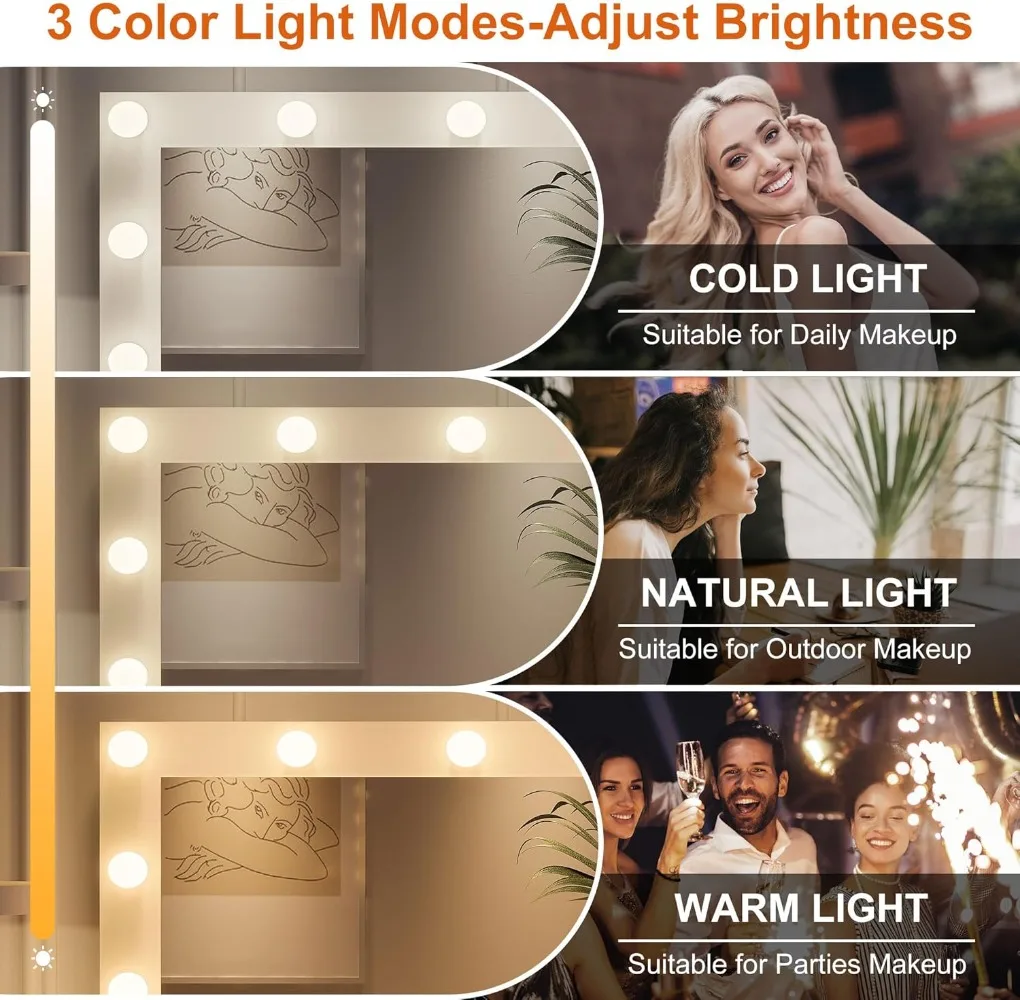 Vanity Desk Mirror and Lights, Glass Top Vanity Lights & Power Outlet, Makeup Desk Lights, Table 3 Color Lighting Modes