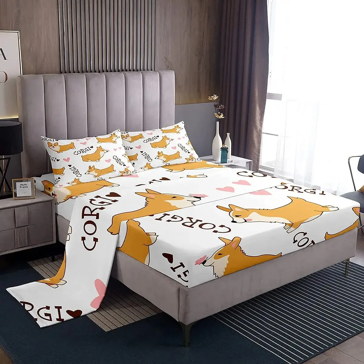 

Corgi Dog Sheet Set Cute Puppy Fitted Sheet Cartoon Pet Dog Bed Sheets Set Happy Farm Animals Flat Top Sheet for Kids Teens,4pcs