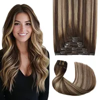 Extensions à clipser Sweetmet Pro2.0 en cheveux humains, 120g, épaisses, 7 pièces # Extensions de cheveux humains Remy 4/27/4 Balayage brun chocolat à blond caramel, à clipser, 35cm-55cm, tissu double maille sans couture pour femmes 1