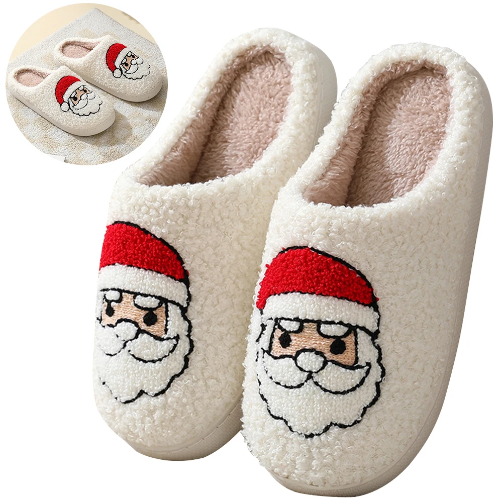 Santa Claus Fuzzy Indoor Slippers Flat Plush Closed Toe Slippers Soft Plush Slip-on House Shoes Cartoon for Winter Indoor