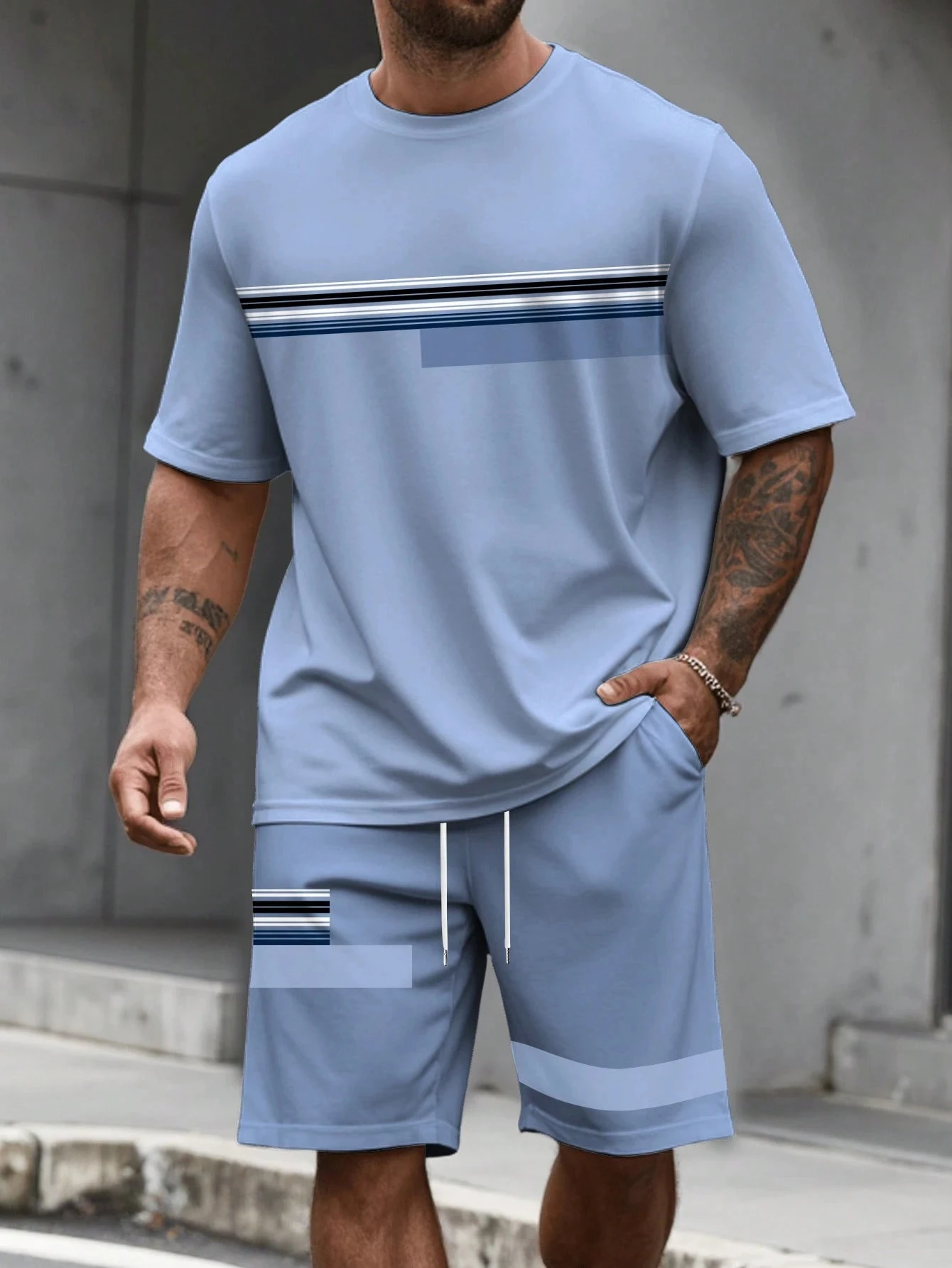 Casual Stripe Printed T-shirt Shorts Set Large Size Loose Men's Short Sleeve Te…