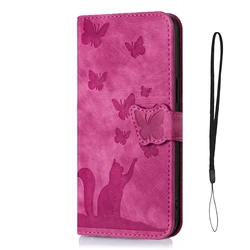 Charming Cat & Butterfly Leather Flip Wallet Phone Case - Samsung A32 5G (Hot Pink)