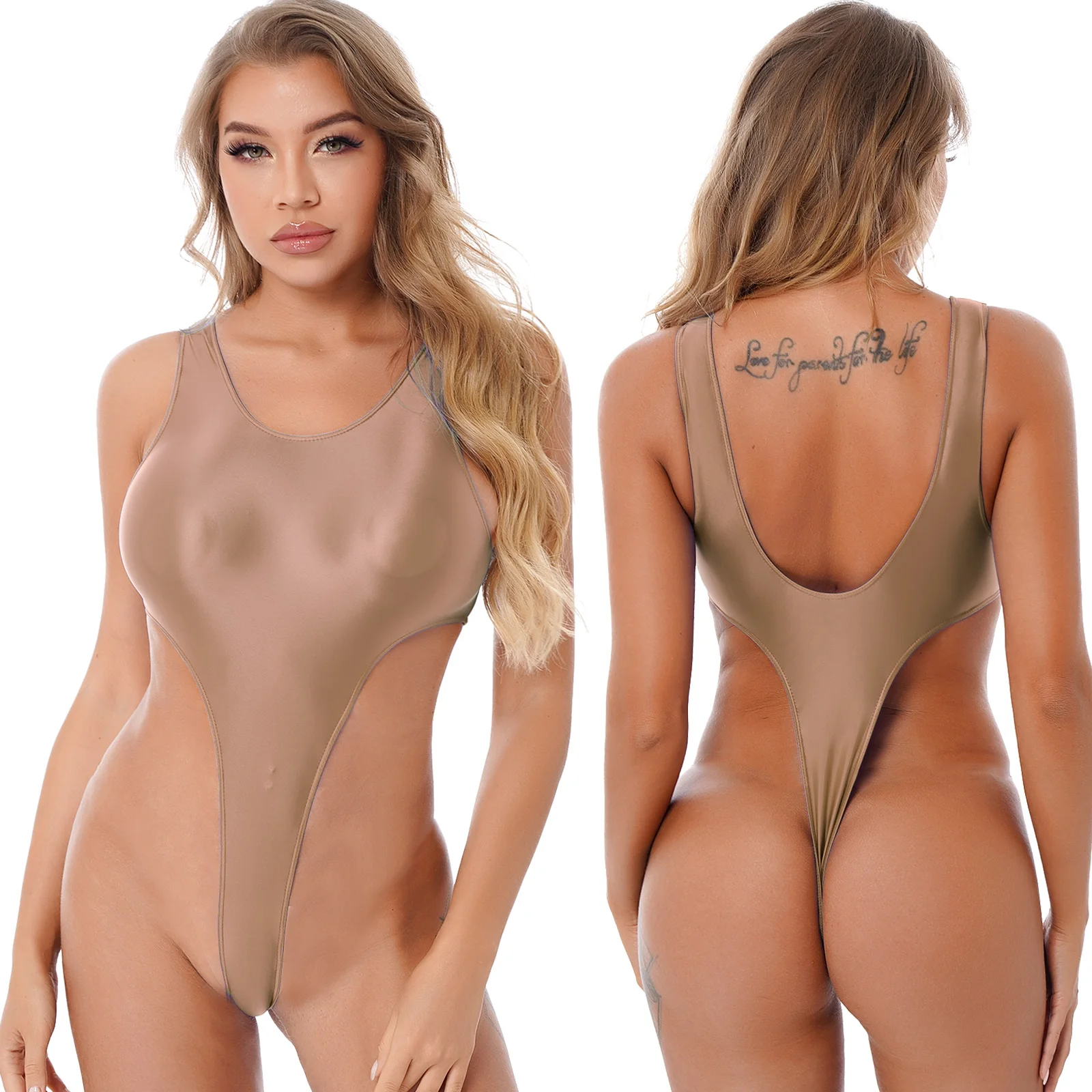 Donna Lucido Body Elasticizzato Calze Senza Maniche High-Cut