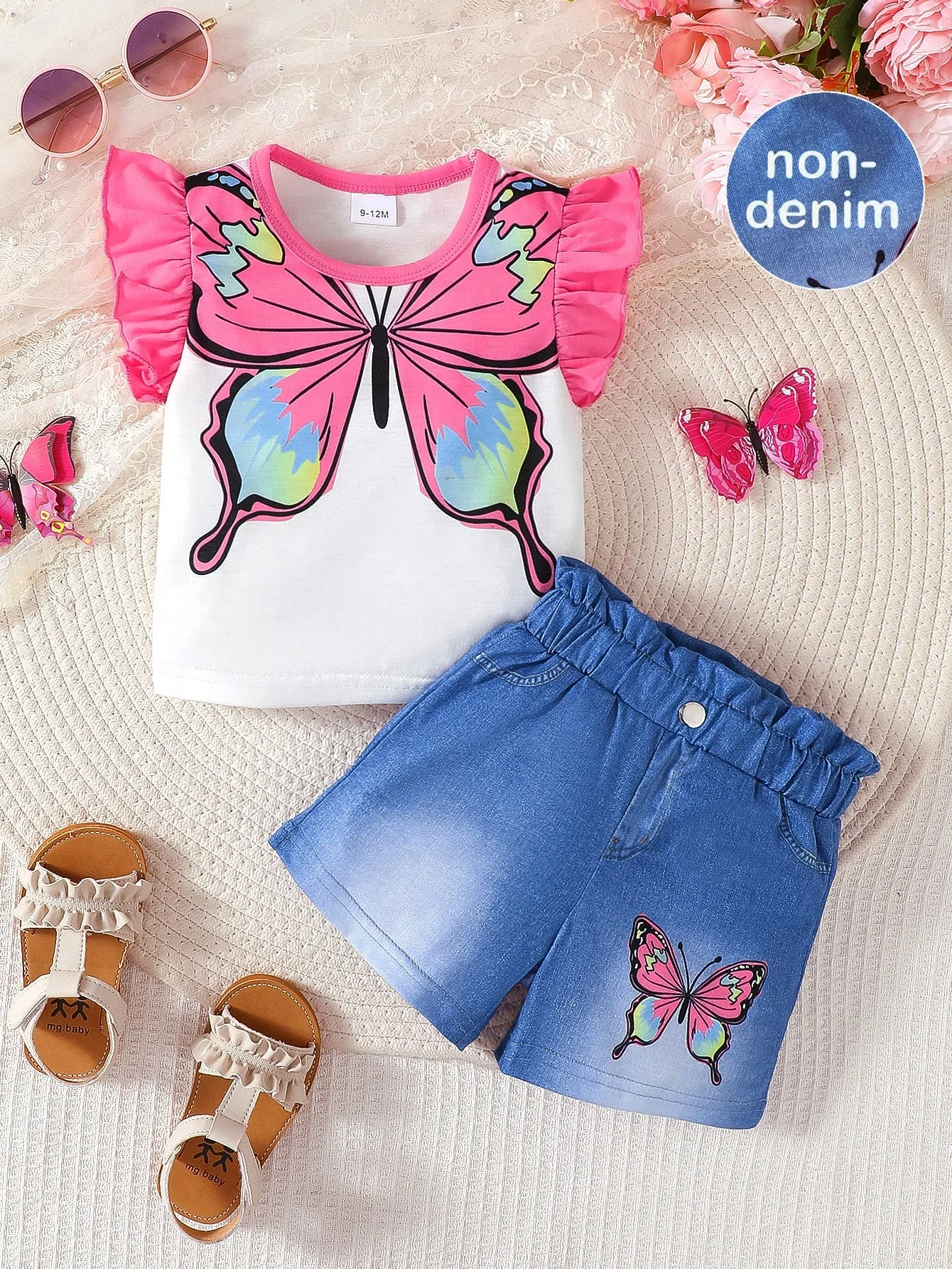 Baby Girl 2PCS Fashion Summer Outfit Set Butterfly Print Ruffle Sleeve T-Shirt + Denim Shorts for 0-3Y Newborn Casual Clothes 1