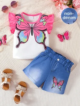Baby Girl 2PCS Fashion Summer Outfit Set Butterfly Print Ruffle Sleeve T-Shirt + Denim Shorts for 0-3Y Newborn Casual Clothes 1