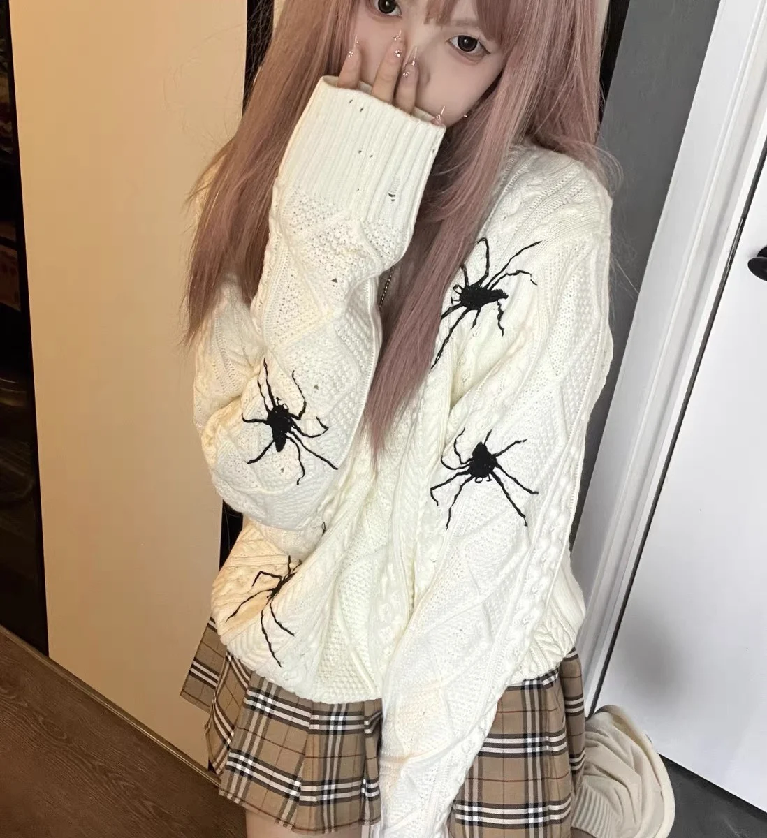 

Subcultural punk y2k Millennial Spicy Girls Fried Dough Twists Embroidery Damaged Spider Sweater Women's Loose Lazy Knit