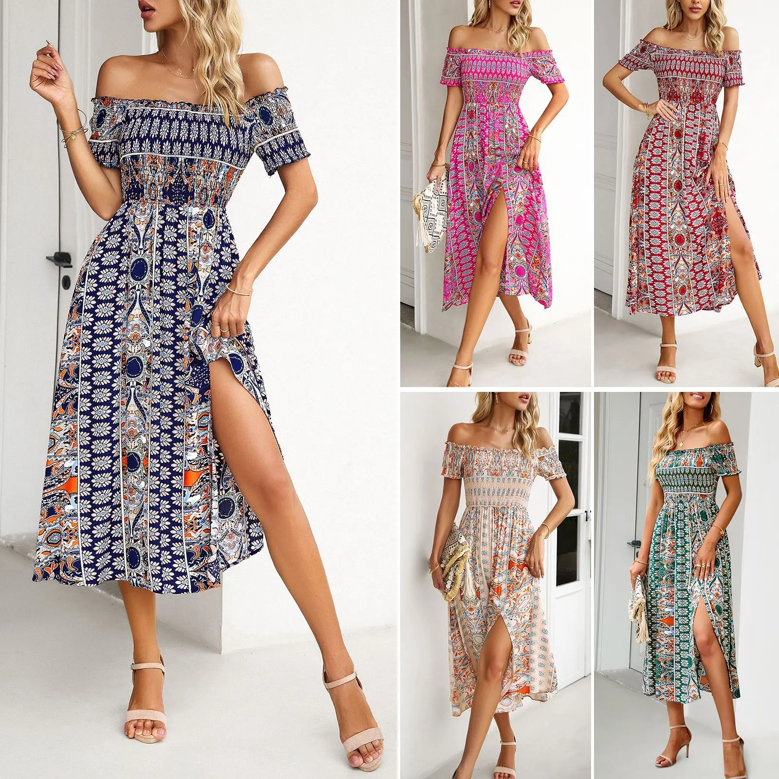 

New Fashion Boho Dress Female Slit To The Thigh Bohemian Dress Women's Clothes Free Shipping