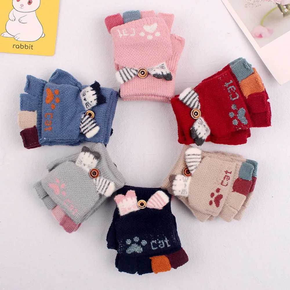 Knitted For Student Keep Warm Outdoor Cute Windproof Half Finger Gloves Thick Mittens Children's Gloves Flip Cover Gloves girls cute cartoon cat gloves winter thick knit boys kids newborn mittens children keep finger warm gloves