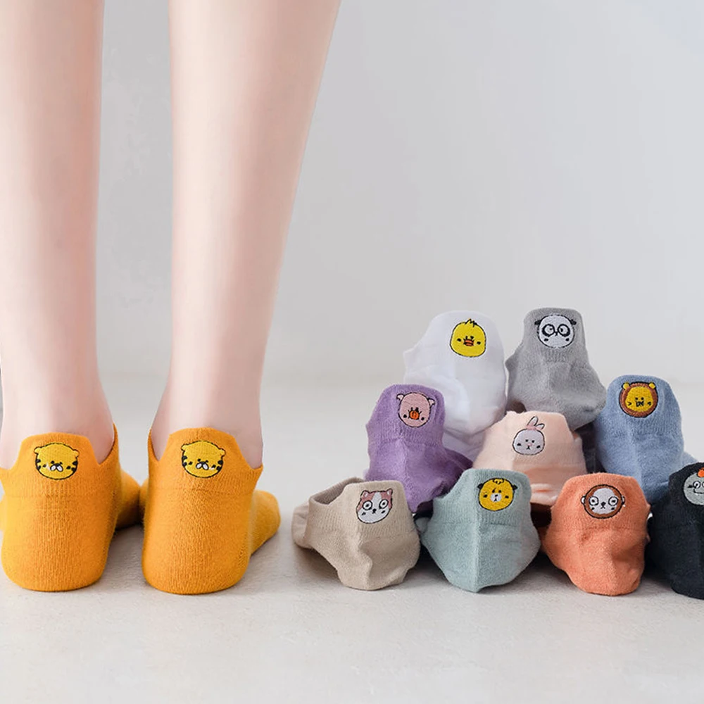 3Pairs Women Boat Sock Cotton Cute Cartoon Animal Embroidery Slippers Socks Solid Colors Cat Funny Ankle Socks Casual Socks Gift
