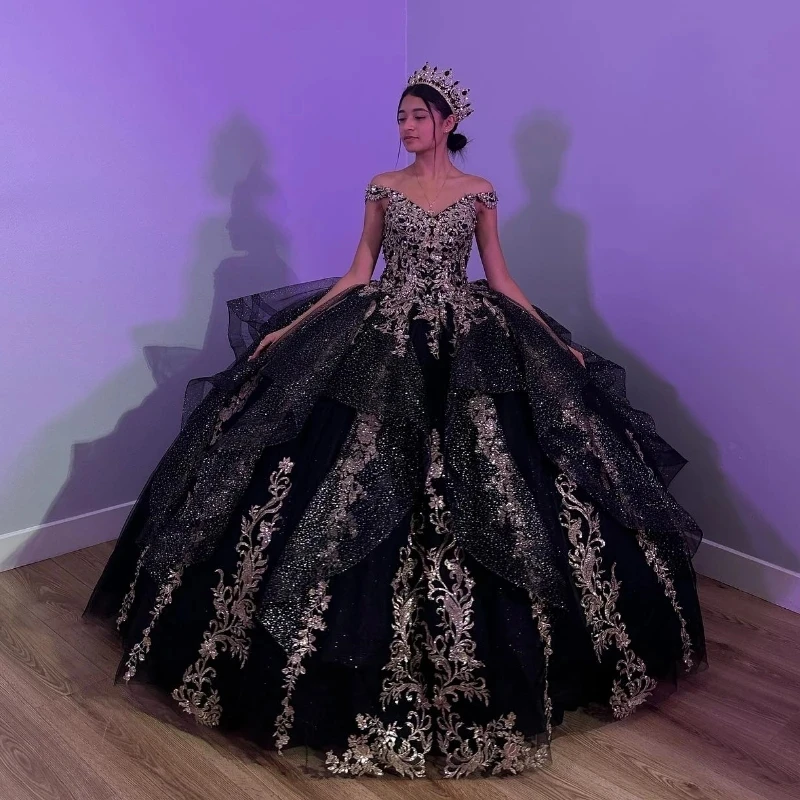 

Black Shiny Ball Gown Quinceanera Dress Off The Shoulder Gold Lace Applique Tull Corset Vestidos De 15 Años